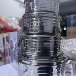 shows a stack of stainless steel cooking pots or containers