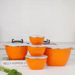 set of bright orange storage bowls with white lids.